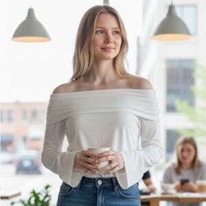 Off-the-Shoulder Long-Sleeve Top in White
